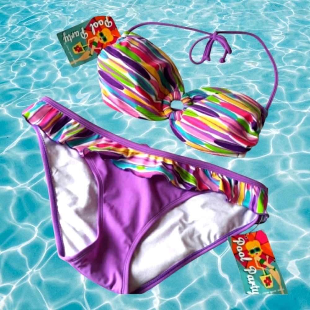 New Multi Color Bikini Top & Ruffle Bottom Rainbow Purple
